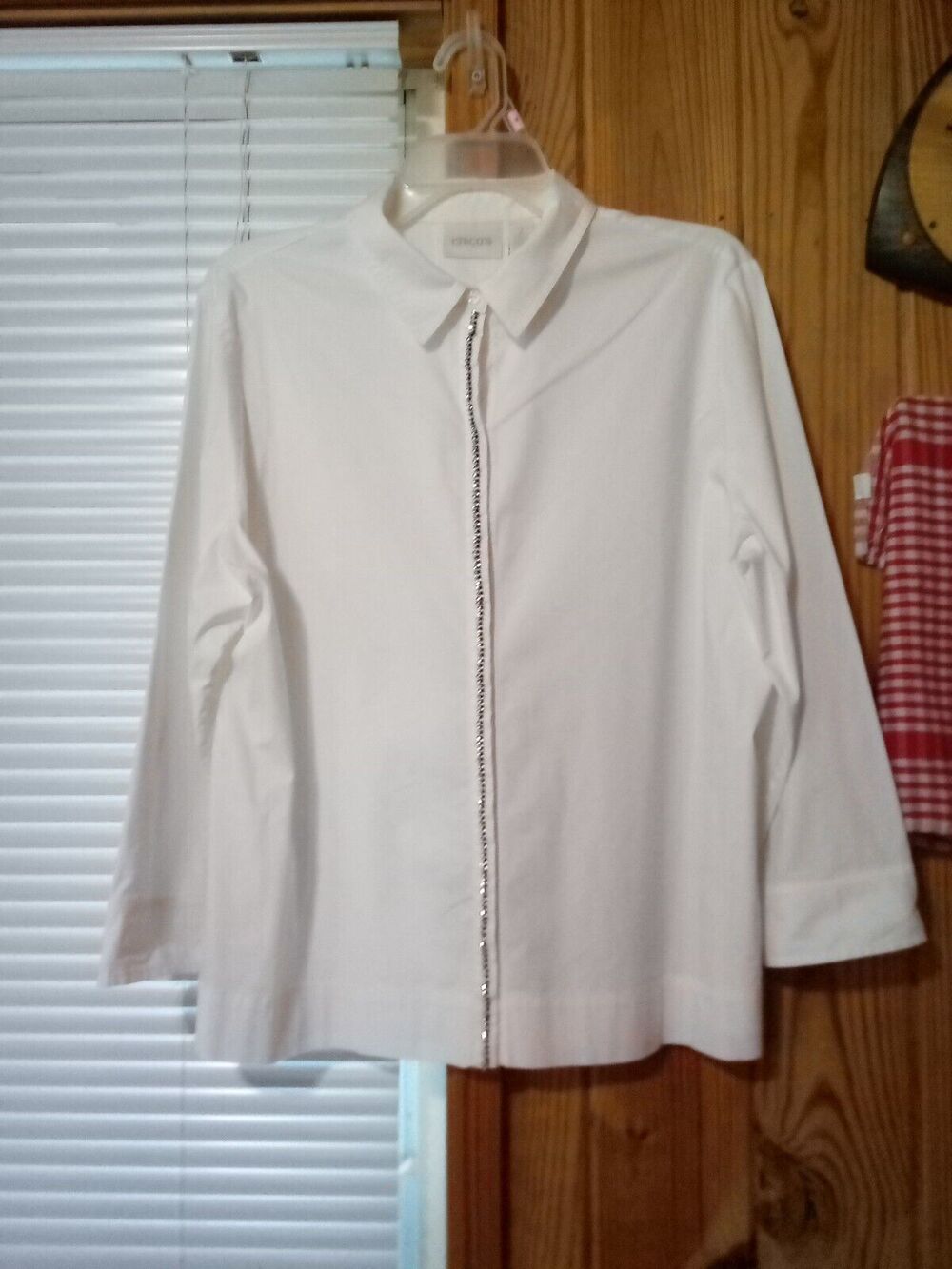 Chico's White 3/4 Sleeve Rhinestone Embellished Sz 2 Blouse